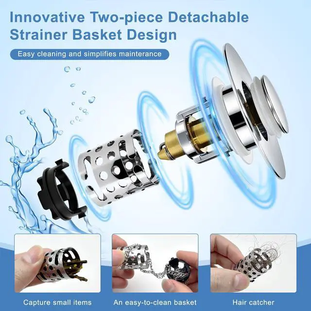 Alt view image 4 of 7 - Upgraded 3 in 1 Bathroom Sink Drain Strainer, Universal Pop Up Stopper with Removable Stainless Steel Filter Basket Hair Catcher, Sink Plug for 1.1''~2.36'' Basin, Polished Chrome (1PC)