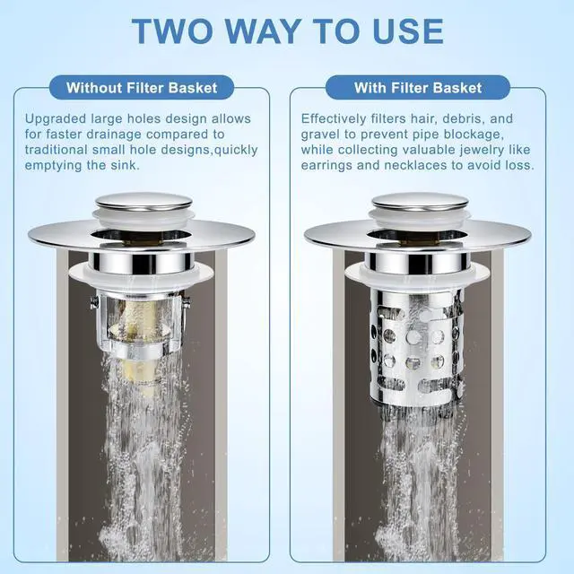 Alt view image 5 of 7 - Upgraded 3 in 1 Bathroom Sink Drain Strainer, Universal Pop Up Stopper with Removable Stainless Steel Filter Basket Hair Catcher, Sink Plug for 1.1''~2.36'' Basin, Polished Chrome (1PC)