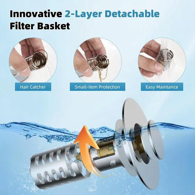 Alt view image 2 of 7 - Universal Bathroom Sink Drain Strainer 3 in 1 Metal Hair Catcher, Chrome | Upgraded Pop-up Sink Stopper, Fit for 1.1''~2.36'' Basin Hole, with Detachable Stainless Steel Filter Basket