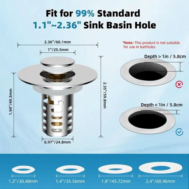 Alt view image 6 of 7 - Universal Bathroom Sink Drain Strainer 3 in 1 Metal Hair Catcher, Chrome | Upgraded Pop-up Sink Stopper, Fit for 1.1''~2.36'' Basin Hole, with Detachable Stainless Steel Filter Basket