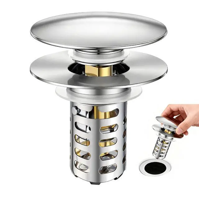 Main image of HUAERSICO Pop-Up Stainless Steel Bathroom Sink Drain Stopper with Filter | Universal 1.1"-2.17" Drains, Brass Core & Stainless Steel Mesh, Hair Catcher 3 in 1 bathroom Sink Stopper Strainer
