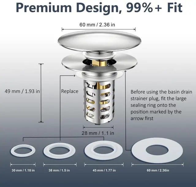 Alt view image 2 of 7 - HUAERSICO Pop-Up Stainless Steel Bathroom Sink Drain Stopper with Filter | Universal 1.1"-2.17" Drains, Brass Core & Stainless Steel Mesh, Hair Catcher 3 in 1 bathroom Sink Stopper Strainer