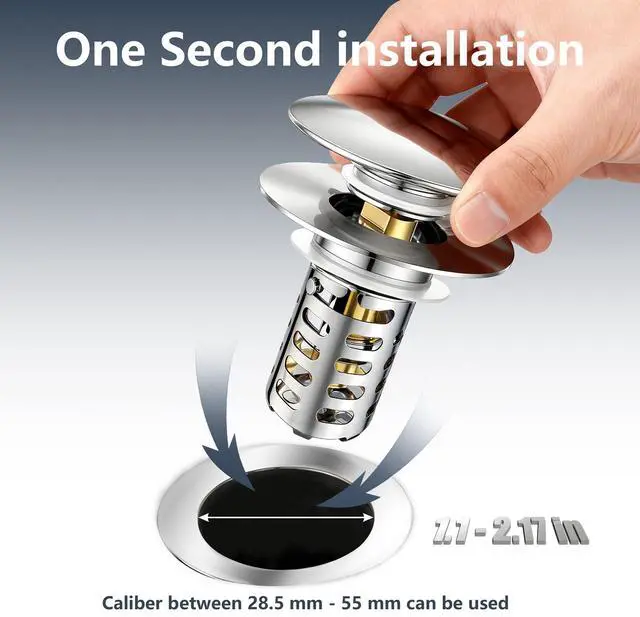 Alt view image 3 of 7 - HUAERSICO Pop-Up Stainless Steel Bathroom Sink Drain Stopper with Filter | Universal 1.1"-2.17" Drains, Brass Core & Stainless Steel Mesh, Hair Catcher 3 in 1 bathroom Sink Stopper Strainer