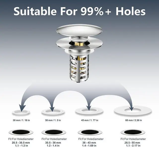 Alt view image 6 of 7 - HUAERSICO Pop-Up Stainless Steel Bathroom Sink Drain Stopper with Filter | Universal 1.1"-2.17" Drains, Brass Core & Stainless Steel Mesh, Hair Catcher 3 in 1 bathroom Sink Stopper Strainer
