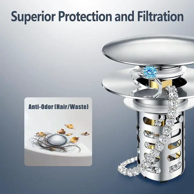 Alt view image 7 of 7 - HUAERSICO Pop-Up Stainless Steel Bathroom Sink Drain Stopper with Filter | Universal 1.1"-2.17" Drains, Brass Core & Stainless Steel Mesh, Hair Catcher 3 in 1 bathroom Sink Stopper Strainer