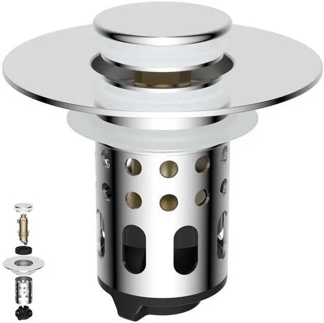 Main image of Universal Metal Bathroom Sink Drain Strainer, Big Drain Outlet, Chrome | Upgraded Limit Switch to Increase Drain Rapid, Pop-up Sink Stopper, 3-in-1 Stainless Steel Filter Basket Hair Catcher