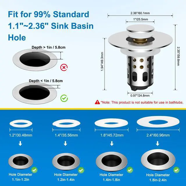 Alt view image 7 of 7 - Universal Metal Bathroom Sink Drain Strainer, Big Drain Outlet, Chrome | Upgraded Limit Switch to Increase Drain Rapid, Pop-up Sink Stopper, 3-in-1 Stainless Steel Filter Basket Hair Catcher
