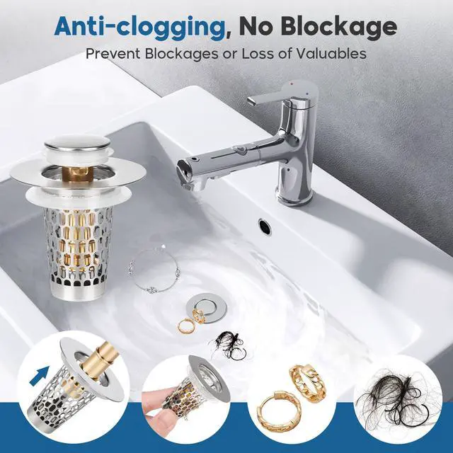 Alt view image 2 of 7 - Bathroom Sink Drain Strainer 2Pack, Adoric Stainless Steel Sink Stopper for Bathroom Pop Up Stopper with Filter Basket Hair Catcher for Standard 1.1"-1.50" Sink Basin Hole
