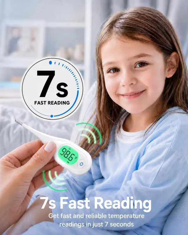 Alt view image 2 of 7 - Femometer 7 Seconds Digital Thermometer for Adults and Kids | Large Screen, 3-Color Backlight, Fever Alarm, for Oral Rectal Underarm Bath Use, 10 Memory Recall, Water Resistant