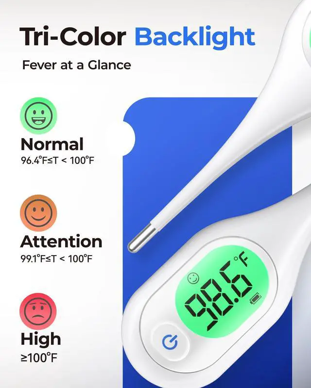 Alt view image 4 of 7 - Femometer 7 Seconds Digital Thermometer for Adults and Kids | Large Screen, 3-Color Backlight, Fever Alarm, for Oral Rectal Underarm Bath Use, 10 Memory Recall, Water Resistant
