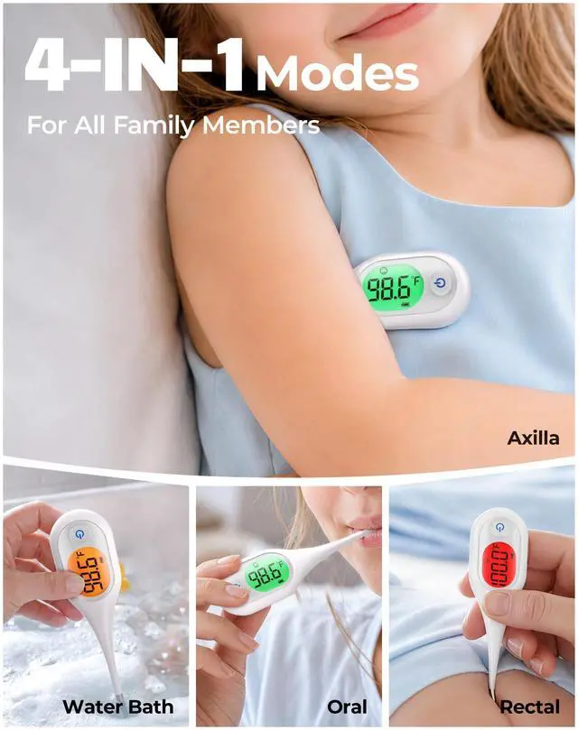 Alt view image 5 of 7 - Femometer 7 Seconds Digital Thermometer for Adults and Kids | Large Screen, 3-Color Backlight, Fever Alarm, for Oral Rectal Underarm Bath Use, 10 Memory Recall, Water Resistant