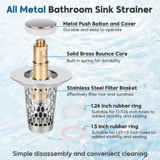Alt view image 4 of 7 - Bathroom Sink Drain Strainer 2Pack, Adoric Stainless Steel Sink Stopper for Bathroom Pop Up Stopper with Filter Basket Hair Catcher for Standard 1.1"-1.50" Sink Basin Hole