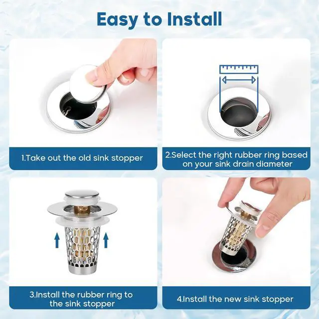 Alt view image 6 of 7 - Bathroom Sink Drain Strainer 2Pack, Adoric Stainless Steel Sink Stopper for Bathroom Pop Up Stopper with Filter Basket Hair Catcher for Standard 1.1"-1.50" Sink Basin Hole