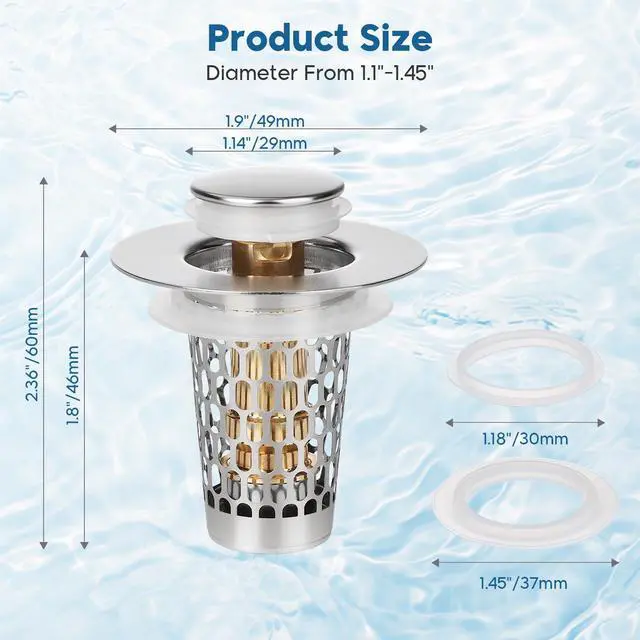 Alt view image 5 of 7 - Bathroom Sink Drain Strainer 2Pack, Adoric Stainless Steel Sink Stopper for Bathroom Pop Up Stopper with Filter Basket Hair Catcher for Standard 1.1"-1.50" Sink Basin Hole