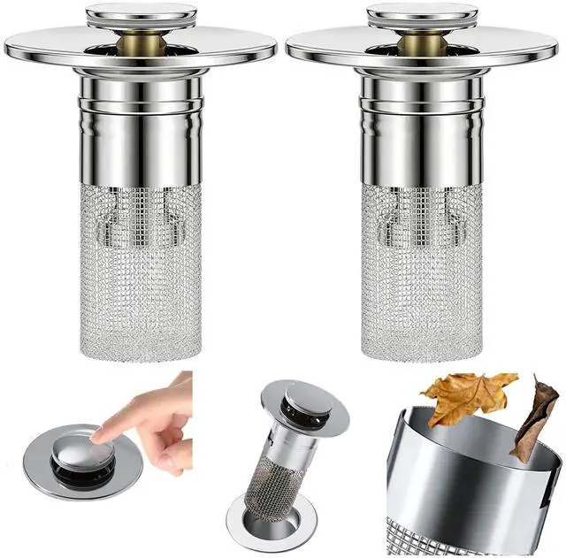 Main image of 2 PCS Upgraded Bathroom Sink Stopper, Universal Pop Up Sink Drain Strainer Stopper, Bathroom Sink Drain Strainer with Removable Stainless Steel Filter Basket Brass Bounce Core Sink Stopper Replacement