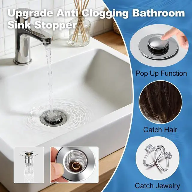 Alt view image 2 of 7 - 2 PCS Upgraded Bathroom Sink Stopper, Universal Pop Up Sink Drain Strainer Stopper, Bathroom Sink Drain Strainer with Removable Stainless Steel Filter Basket Brass Bounce Core Sink Stopper Replacement