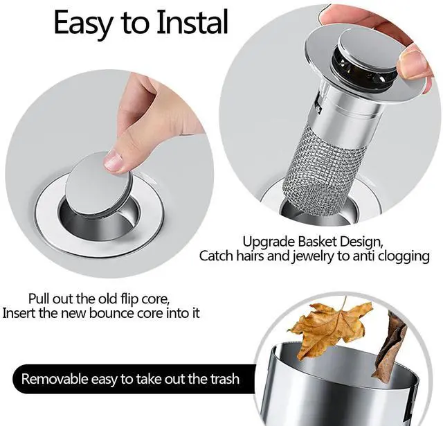 Alt view image 3 of 7 - 2 PCS Upgraded Bathroom Sink Stopper, Universal Pop Up Sink Drain Strainer Stopper, Bathroom Sink Drain Strainer with Removable Stainless Steel Filter Basket Brass Bounce Core Sink Stopper Replacement