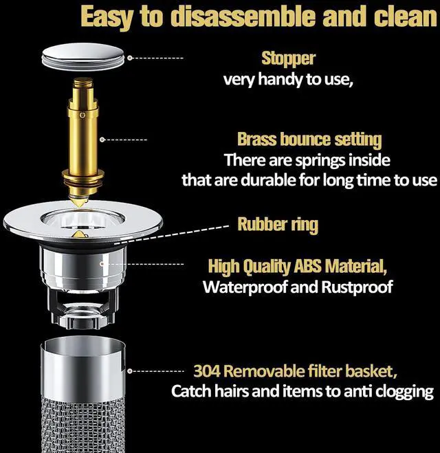 Alt view image 5 of 7 - 2 PCS Upgraded Bathroom Sink Stopper, Universal Pop Up Sink Drain Strainer Stopper, Bathroom Sink Drain Strainer with Removable Stainless Steel Filter Basket Brass Bounce Core Sink Stopper Replacement