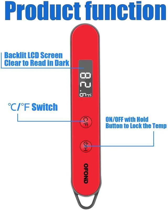 Alt view image 3 of 7 - OFOND Instand Read Digital Food Thermometer for Grill Meat BBQ Steak | Fast Response Battery Powered Foldable probe ,Large Backlit LCD Screen,Magnetic with Hook, Kitchen Cooking Must-have