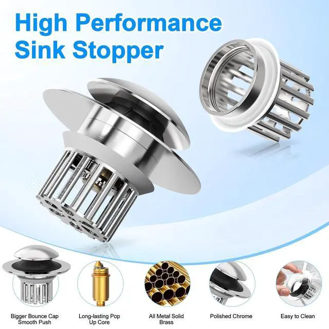 Alt view image 4 of 6 - Universal 3 in 1 Bathroom Sink Drain Strainer,Pop Up Bathroom Sink Stopper with Removable Filter Basket,Sink Hair Catcher,Bathroom Drain Stopper Sink Plug for 1.1"-1.65" Basin Drain Holes (Sliver)