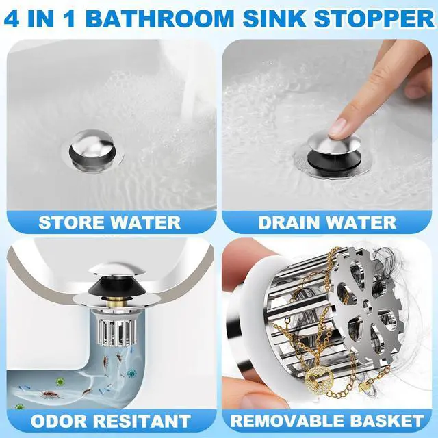 Alt view image 3 of 6 - Universal 3 in 1 Bathroom Sink Drain Strainer,Pop Up Bathroom Sink Stopper with Removable Filter Basket,Sink Hair Catcher,Bathroom Drain Stopper Sink Plug for 1.1"-1.65" Basin Drain Holes (Sliver)