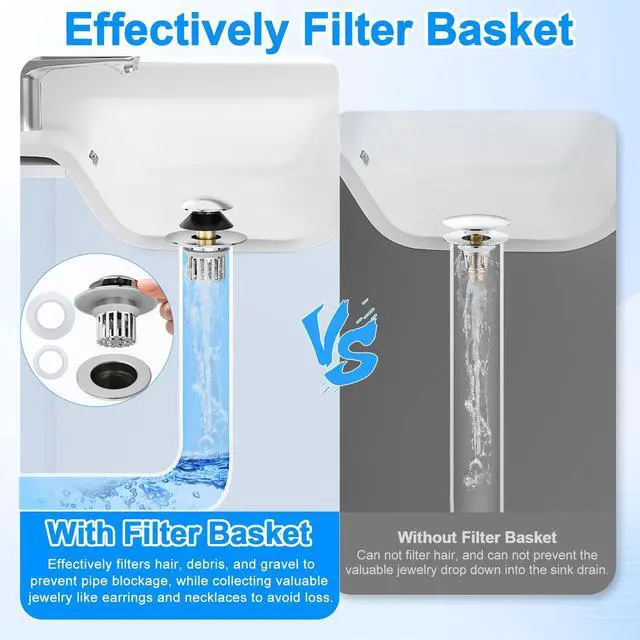 Alt view image 5 of 6 - Universal 3 in 1 Bathroom Sink Drain Strainer,Pop Up Bathroom Sink Stopper with Removable Filter Basket,Sink Hair Catcher,Bathroom Drain Stopper Sink Plug for 1.1"-1.65" Basin Drain Holes (Sliver)