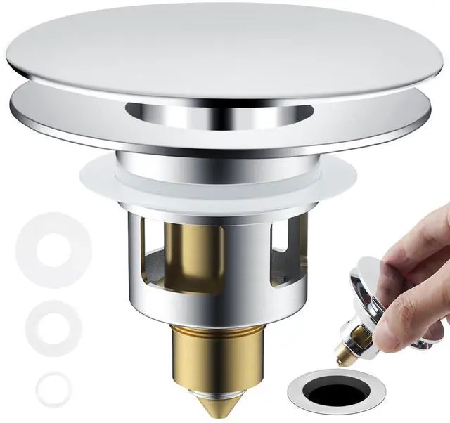 Main image of Universal Bathroom Sink Drain Stopper Strainer, Big Cover, Chrome | 2 in 1 Pop Up Sink Stopper for 1.1''~2.36'' Sink Basin Hole, Hair Catcher with Removable Stainless Steel Filter Basket