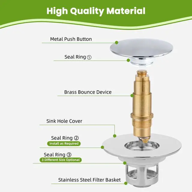 Alt view image 7 of 7 - Universal Bathroom Sink Drain Stopper Strainer, Big Cover, Chrome | 2 in 1 Pop Up Sink Stopper for 1.1''~2.36'' Sink Basin Hole, Hair Catcher with Removable Stainless Steel Filter Basket