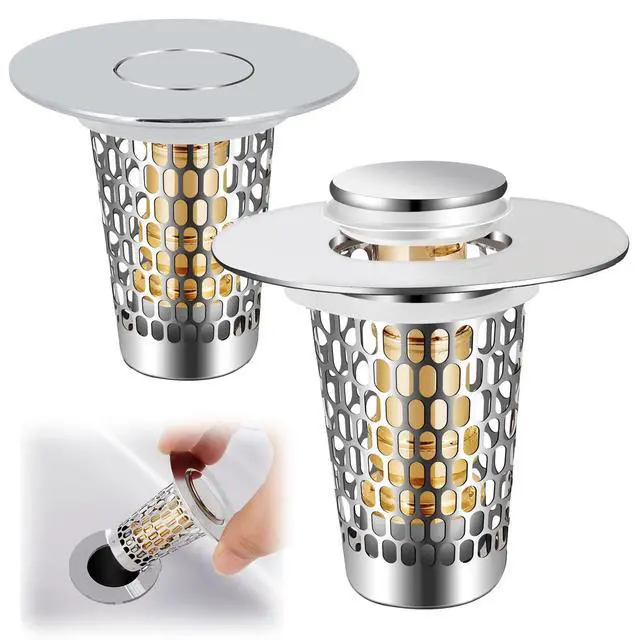 Main image of Smelish 2Pack Bathroom Sink Stopper for 1-1.50in (Silver) | Universal Drain Filter for US Stainless Steel Floor Drain Filter, Bathroom Sink Drain Pop Up Stopper with Hair Strainer