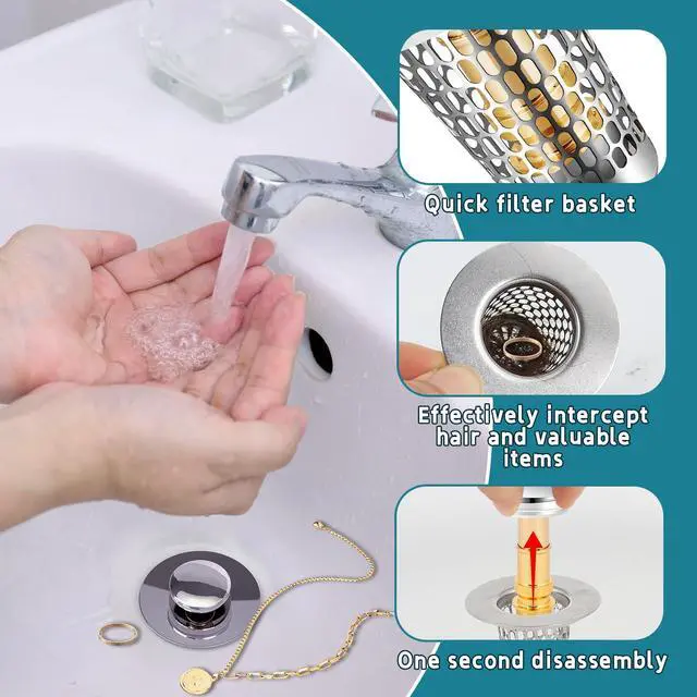 Alt view image 2 of 7 - Smelish 2Pack Bathroom Sink Stopper for 1-1.50in (Silver) | Universal Drain Filter for US Stainless Steel Floor Drain Filter, Bathroom Sink Drain Pop Up Stopper with Hair Strainer
