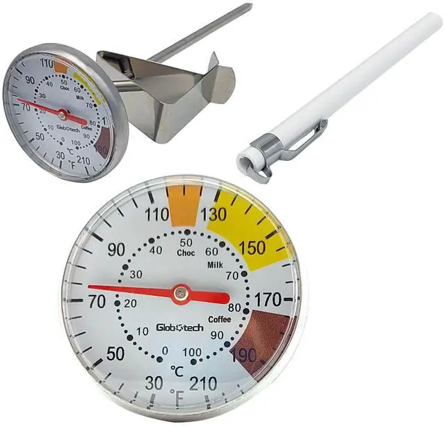 Main image of Milk Frothing Thermometer for Coffee Chocolate - Cappuccino Frothy Milk Foam Stainless Steel Thermometer for 12 Oz, 20 Oz and 32 Oz Espresso Steaming Pitchers 2" Dail 5" Stem