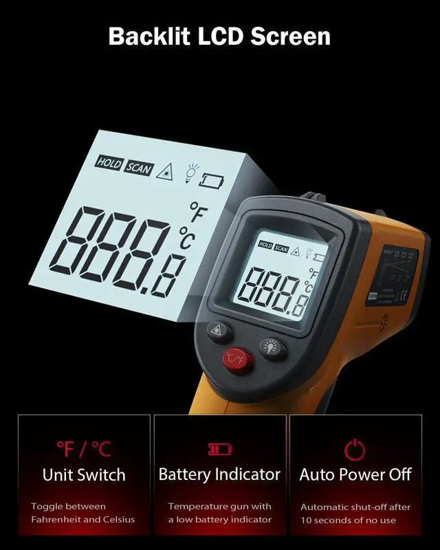 Alt view image 5 of 6 - BENETECH Infrared Thermometer Laser Temperature Gun, Digital Surface Heat Temp Gun Non-Contact for Cooking Food, Pizza Oven, Griddle Meat, Refrigerator, HVAC, Grill, Engine -58~788