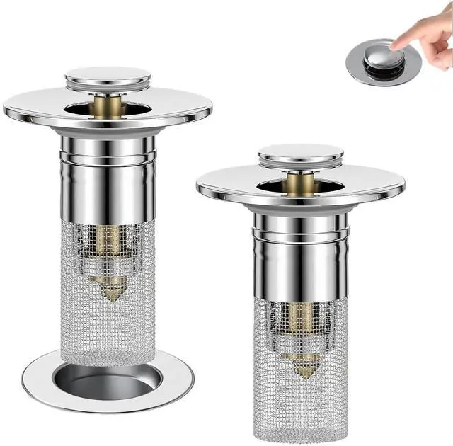 Main image of Lanjiesh 2PCS Bathroom Sink Drain Strainer, Pop-up Stopper Hair Catcher with Stainless Steel Filter Basket, Universal Replacement Drain Plug for Bathroom Sinks