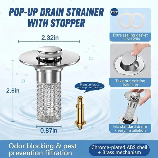 Alt view image 2 of 7 - Lanjiesh 2PCS Bathroom Sink Drain Strainer, Pop-up Stopper Hair Catcher with Stainless Steel Filter Basket, Universal Replacement Drain Plug for Bathroom Sinks