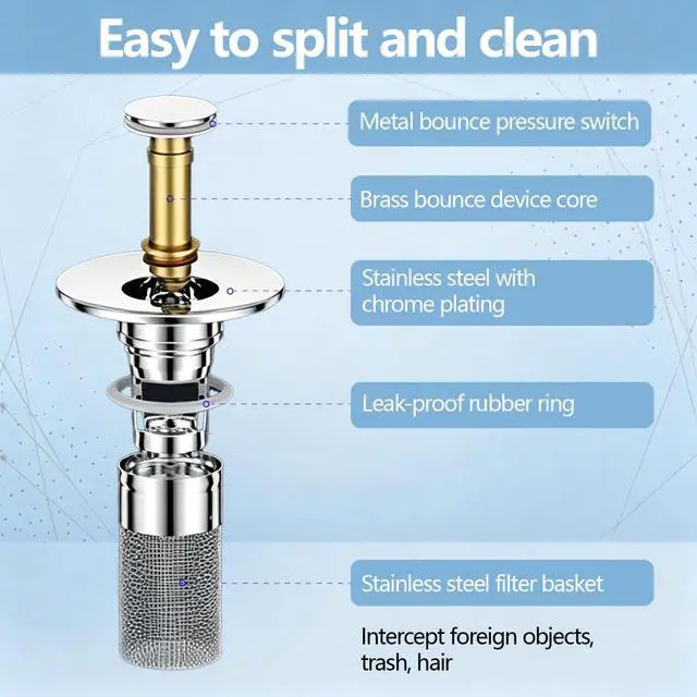 Alt view image 3 of 7 - Lanjiesh 2PCS Bathroom Sink Drain Strainer, Pop-up Stopper Hair Catcher with Stainless Steel Filter Basket, Universal Replacement Drain Plug for Bathroom Sinks