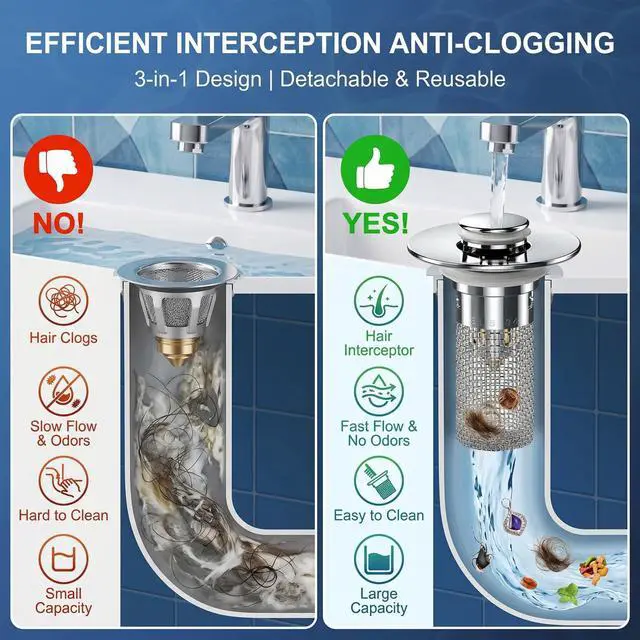 Alt view image 4 of 7 - Lanjiesh 2PCS Bathroom Sink Drain Strainer, Pop-up Stopper Hair Catcher with Stainless Steel Filter Basket, Universal Replacement Drain Plug for Bathroom Sinks