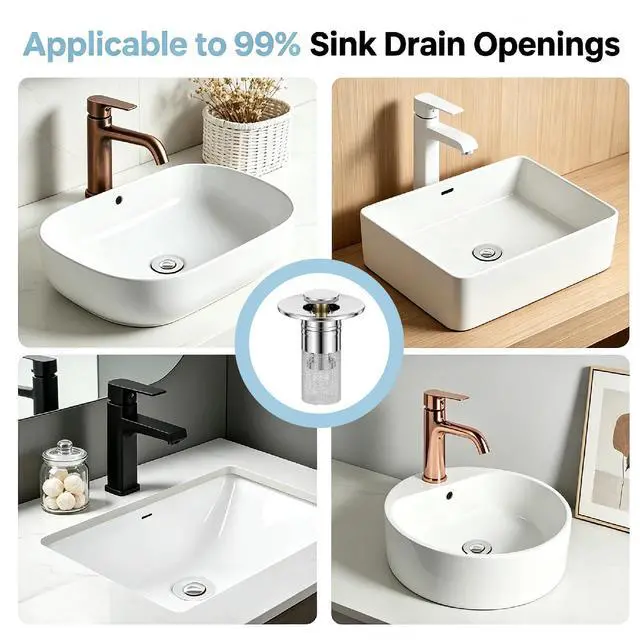 Alt view image 6 of 7 - Lanjiesh 2PCS Bathroom Sink Drain Strainer, Pop-up Stopper Hair Catcher with Stainless Steel Filter Basket, Universal Replacement Drain Plug for Bathroom Sinks