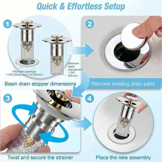 Alt view image 7 of 7 - Lanjiesh 2PCS Bathroom Sink Drain Strainer, Pop-up Stopper Hair Catcher with Stainless Steel Filter Basket, Universal Replacement Drain Plug for Bathroom Sinks