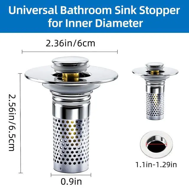 Alt view image 2 of 5 - Bathroom Sink Drain Strainer, Pop-up Sink Drain Strainer with Removable Stainless Basket Hair Catcher, Bathroom Sink Stopper,1 Pack