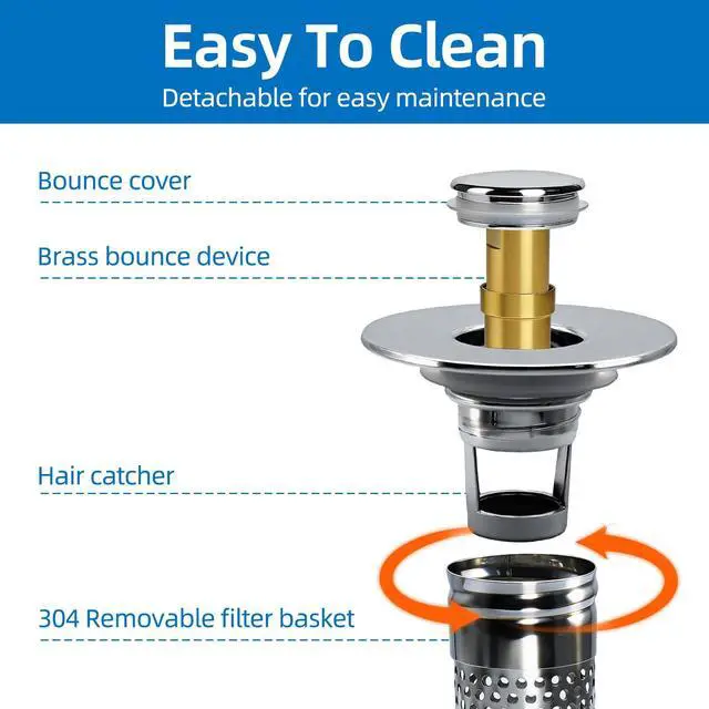 Alt view image 4 of 5 - Bathroom Sink Drain Strainer, Pop-up Sink Drain Strainer with Removable Stainless Basket Hair Catcher, Bathroom Sink Stopper,1 Pack