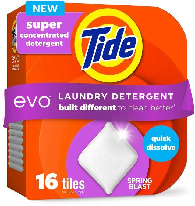 Main image of Tide evo Laundry Detergent Spring Blast Scent Works on 100% of Common Stains Concentrated Travel Detergent HE Compatible and Instant Dissolve Fights Stains Better than Leading Detergent Sheet 16 Count
