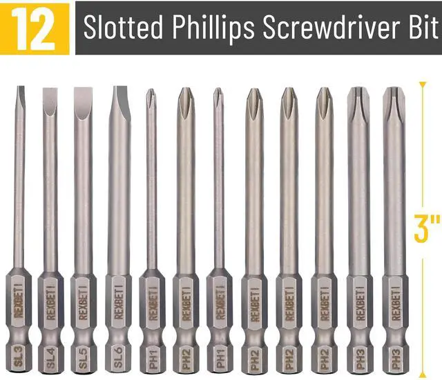 Alt view image 2 of 7 - Bates- Slotted Phillips Screwdriver Bit Set with Holder, 3 Inch, 12 pcs, 1/4 Hex, Magnetic Drill Bit Set