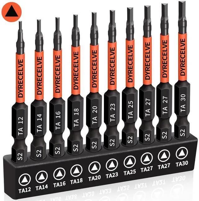 Main image of DYRECELVE 10-Pack Triangle Screwdriver, 2.56-In Magnetic Triangle Bit Set | Triangle Screwdriver Bits, S2 Steel, 1/4 Hex Shank, Sizes: TA12, TA14, TA16, TA18, TA20, TA23, TA25, TA27 (x2), TA30