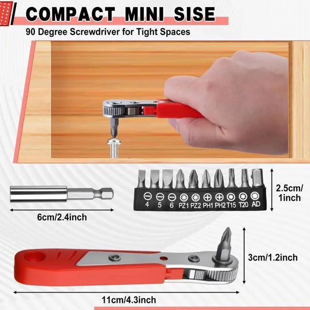 Alt view image 2 of 7 - LEONTOOL 12in1 Right Angle Screwdriver Mini Ratchet Set Low Profile High Torque 36-Tooth Reversible Ratchet Wrench with Magnetic Bits 90 Degree Offset Screwdriver for Tight Spaces, DIY/Home/Car Repair