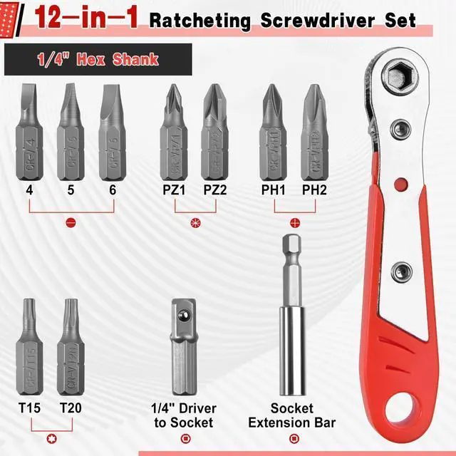 Alt view image 4 of 7 - LEONTOOL 12in1 Right Angle Screwdriver Mini Ratchet Set Low Profile High Torque 36-Tooth Reversible Ratchet Wrench with Magnetic Bits 90 Degree Offset Screwdriver for Tight Spaces, DIY/Home/Car Repair