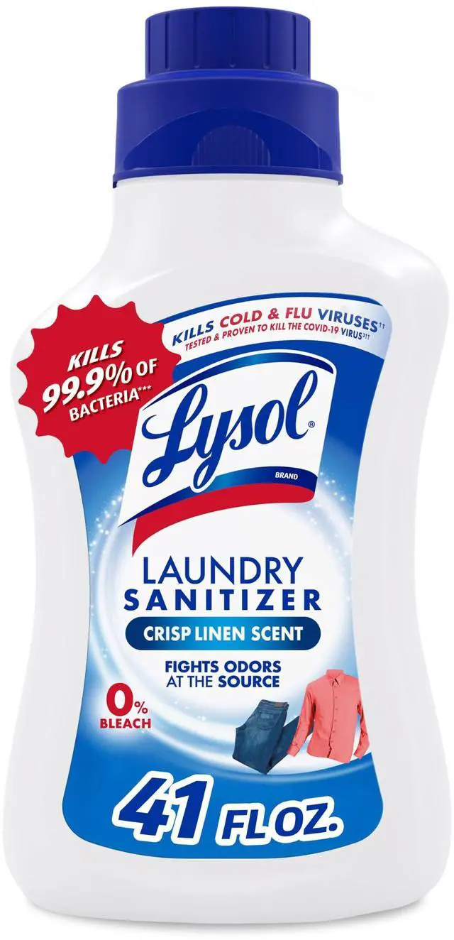Alt view image 8 of 9 - Lysol Disinfectant Laundry Sanitizer & Scent Booster, Laundry Detergent Additive, Color Safe Bleach Alternative, Laundry Odor Eliminator, Kills Bacteria & Viruses, Crisp Linen Scent, 41 Fl Oz Liquid
