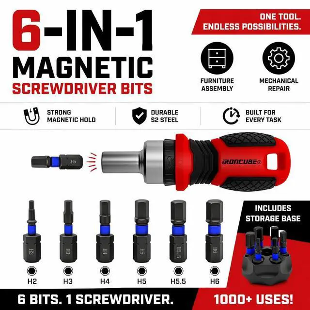 Alt view image 2 of 6 - IRONCUBE Magnetic Hex Screwdriver Set: 6 in 1 Multi Bit Drive Set with Interchangeable Ratchet Handle - Portable Repair Tool Kit for DIY Bicycle Furniture - Stocking Stuffers with Gift Box
