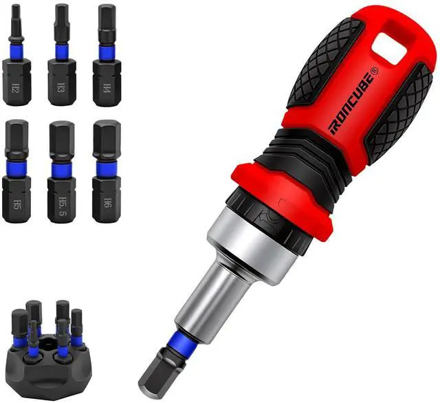 Main image of IRONCUBE Magnetic Hex Screwdriver Set: 6 in 1 Multi Bit Drive Set with Interchangeable Ratchet Handle - Portable Repair Tool Kit for DIY Bicycle Furniture - Stocking Stuffers with Gift Box