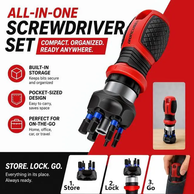 Alt view image 3 of 6 - IRONCUBE Magnetic Hex Screwdriver Set: 6 in 1 Multi Bit Drive Set with Interchangeable Ratchet Handle - Portable Repair Tool Kit for DIY Bicycle Furniture - Stocking Stuffers with Gift Box