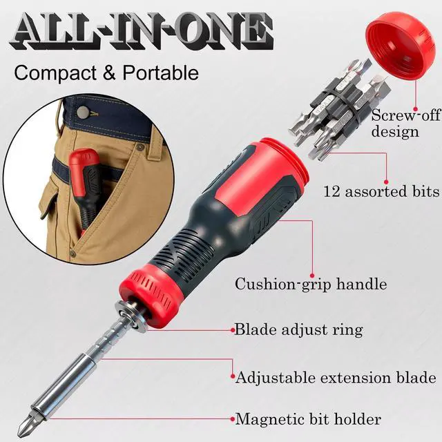 Alt view image 3 of 7 - Multiuse Screwdriver 13-in-1 with Adjustable Shaft | All in One Screwdriver Set with Phillips, Flathead, Hex, Torx Security, Robertson/Square and 1/4 Nut Driver/Bit Holder